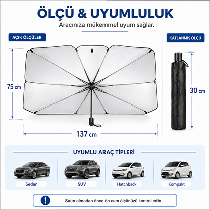 Katlanabilir Şemsiye Tipi Araç Ön Cam Güneşliği 137x75 cm – Taşıma Kılıflı Oto Gölgelik