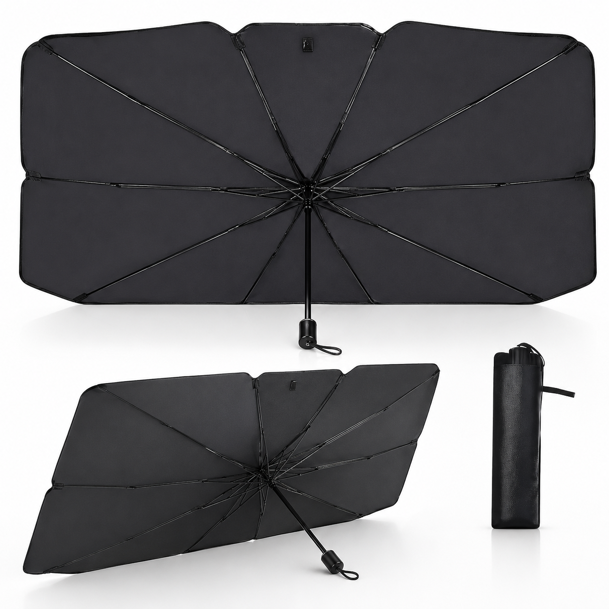 Katlanabilir Şemsiye Tipi Araç Ön Cam Güneşliği 137x75 cm – Taşıma Kılıflı Oto Gölgelik