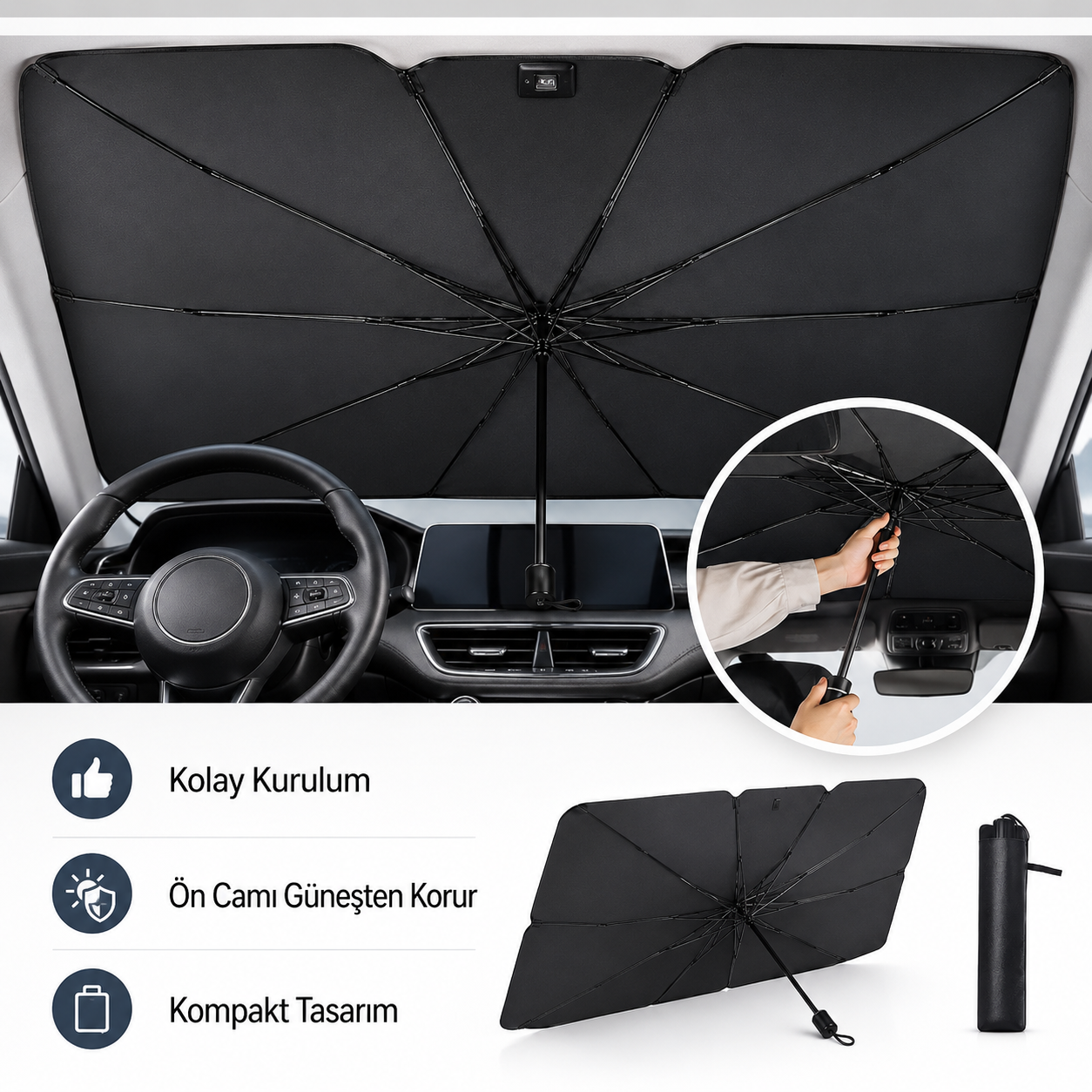 Katlanabilir Şemsiye Tipi Araç Ön Cam Güneşliği 137x75 cm – Taşıma Kılıflı Oto Gölgelik
