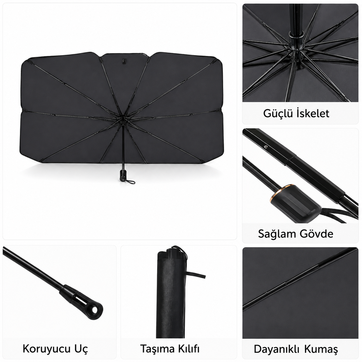 Katlanabilir Şemsiye Tipi Araç Ön Cam Güneşliği 137x75 cm – Taşıma Kılıflı Oto Gölgelik