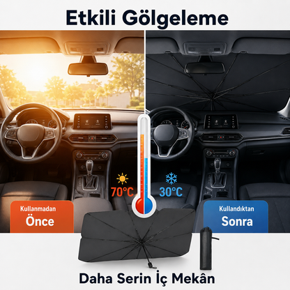 Katlanabilir Şemsiye Tipi Araç Ön Cam Güneşliği 137x75 cm – Taşıma Kılıflı Oto Gölgelik