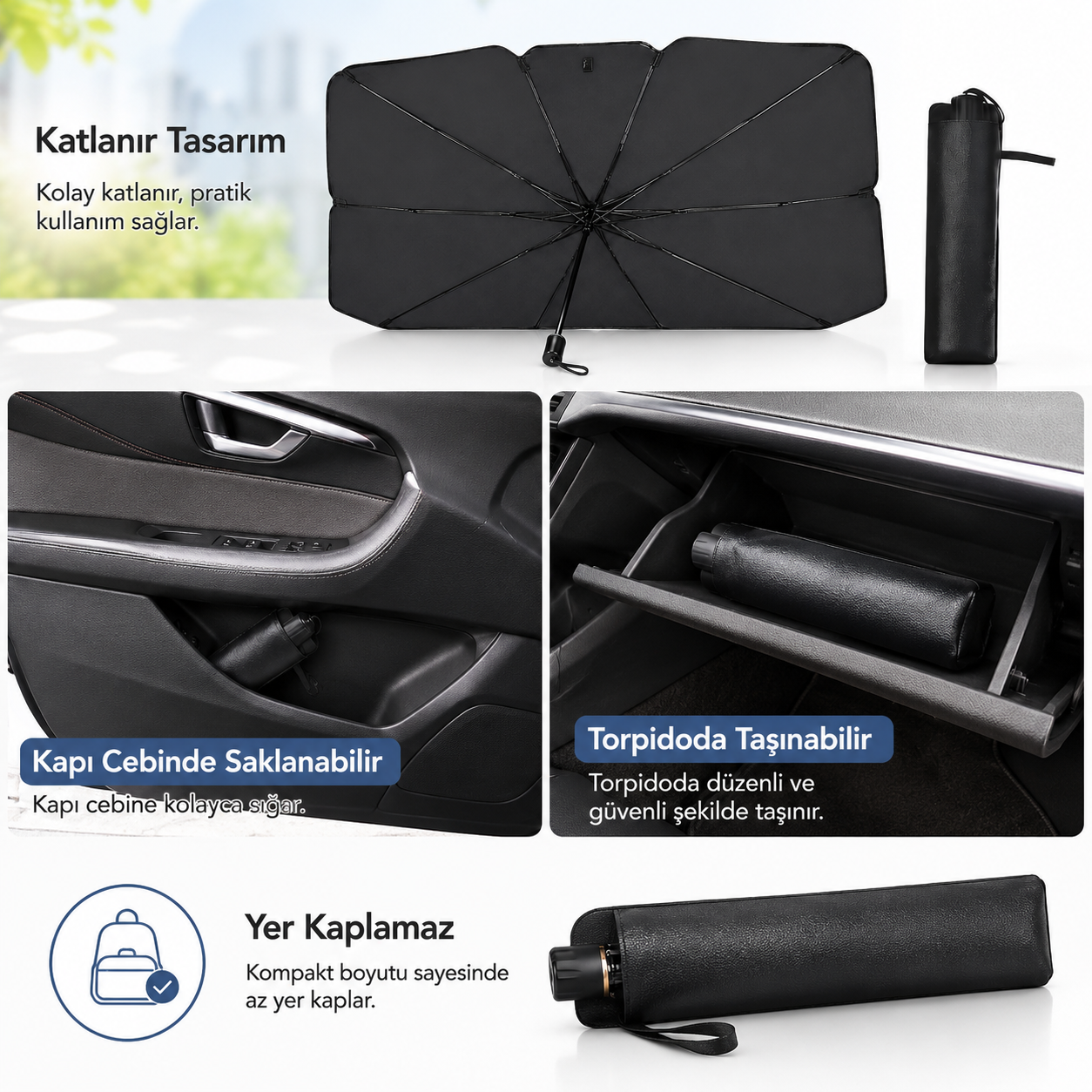 Katlanabilir Şemsiye Tipi Araç Ön Cam Güneşliği 137x75 cm – Taşıma Kılıflı Oto Gölgelik